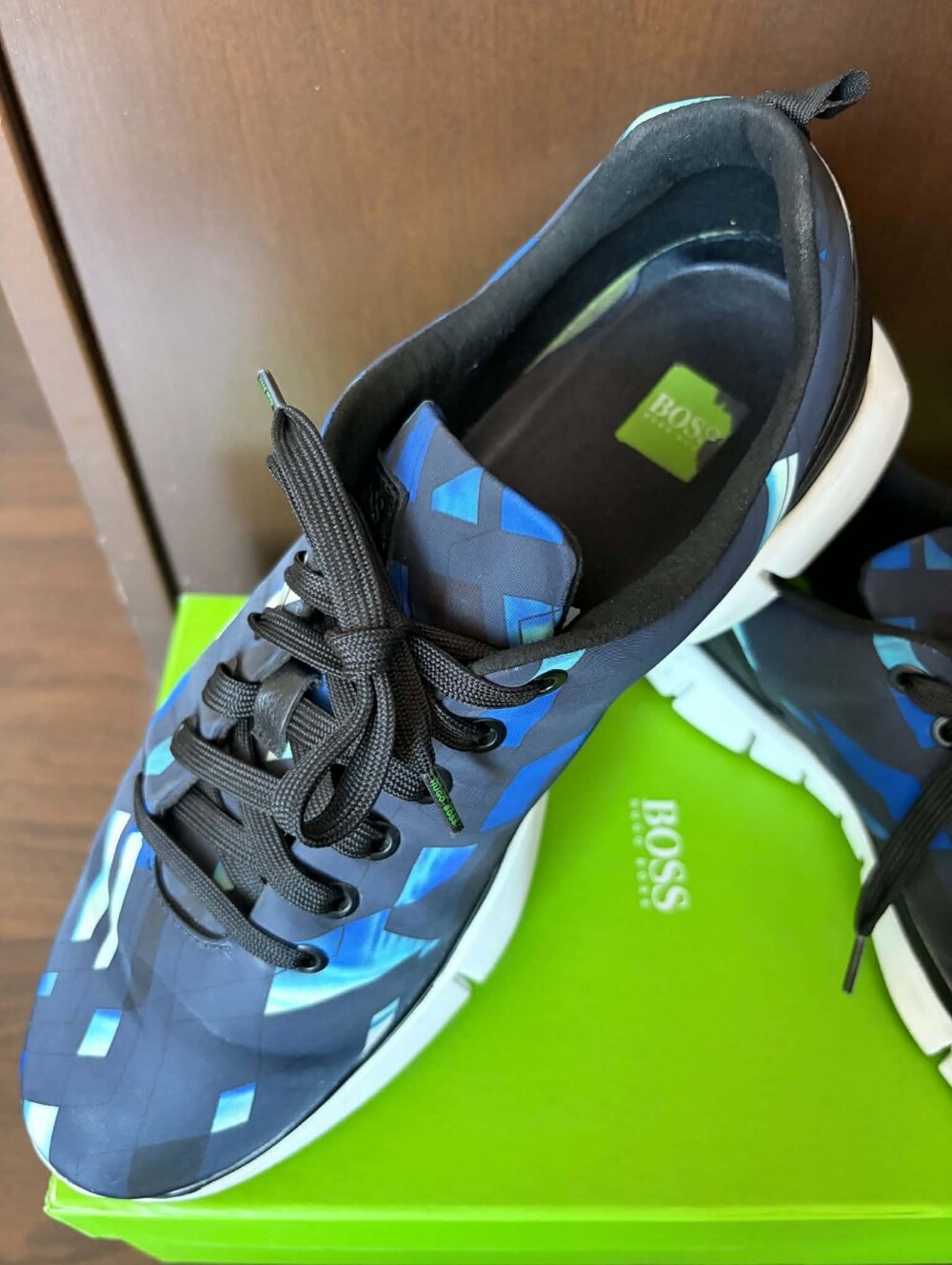Hugo Boss Blue Geometric Lace-Up Sneaker with Black Accents